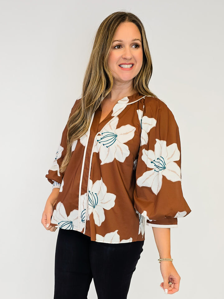 3/4 PUFF SLEEVE FLORAL TOP - BROWN