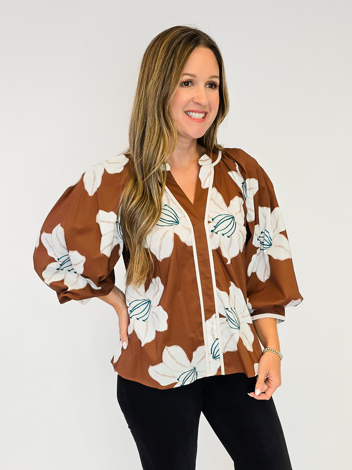 3/4 PUFF SLEEVE FLORAL TOP - BROWN