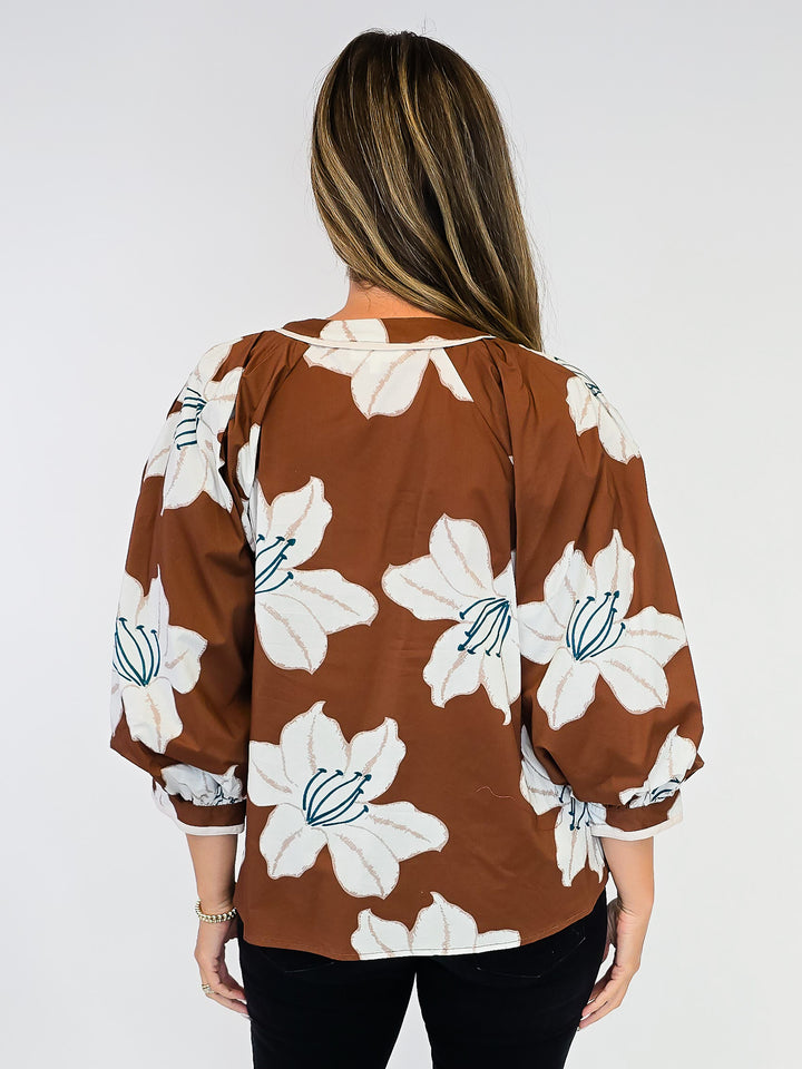 3/4 PUFF SLEEVE FLORAL TOP - BROWN