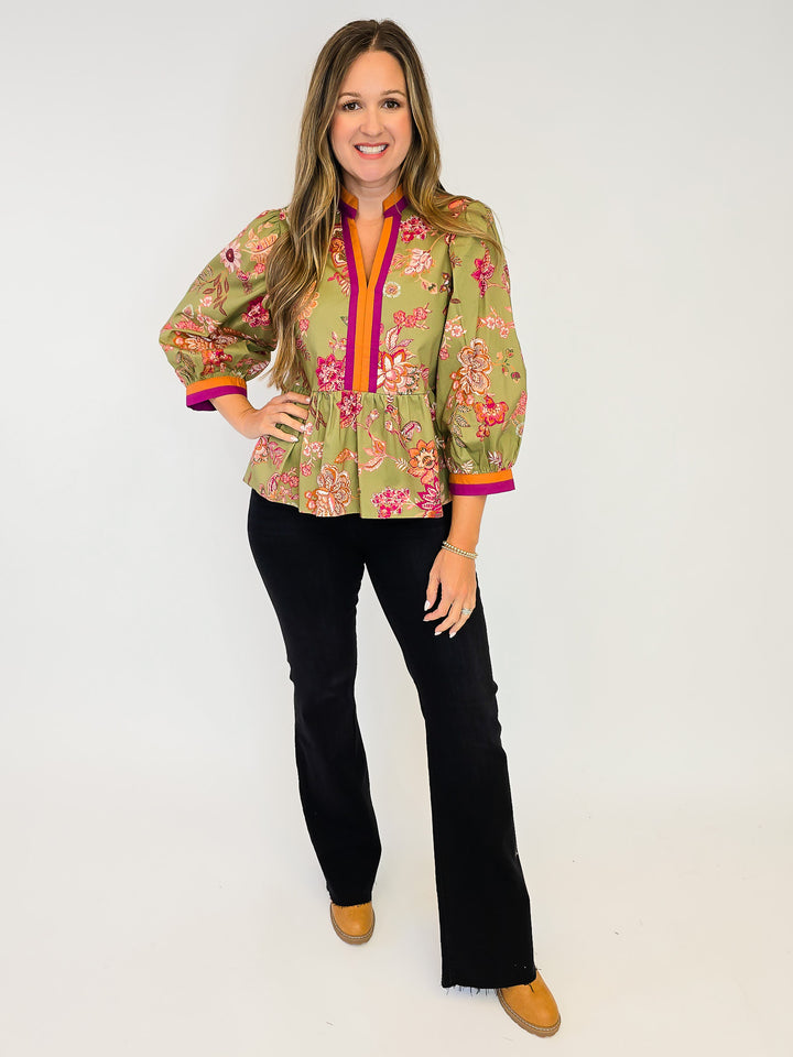3/4 SLEEVE BOTANICAL PRINT PEPLUM TOP - OLIVE