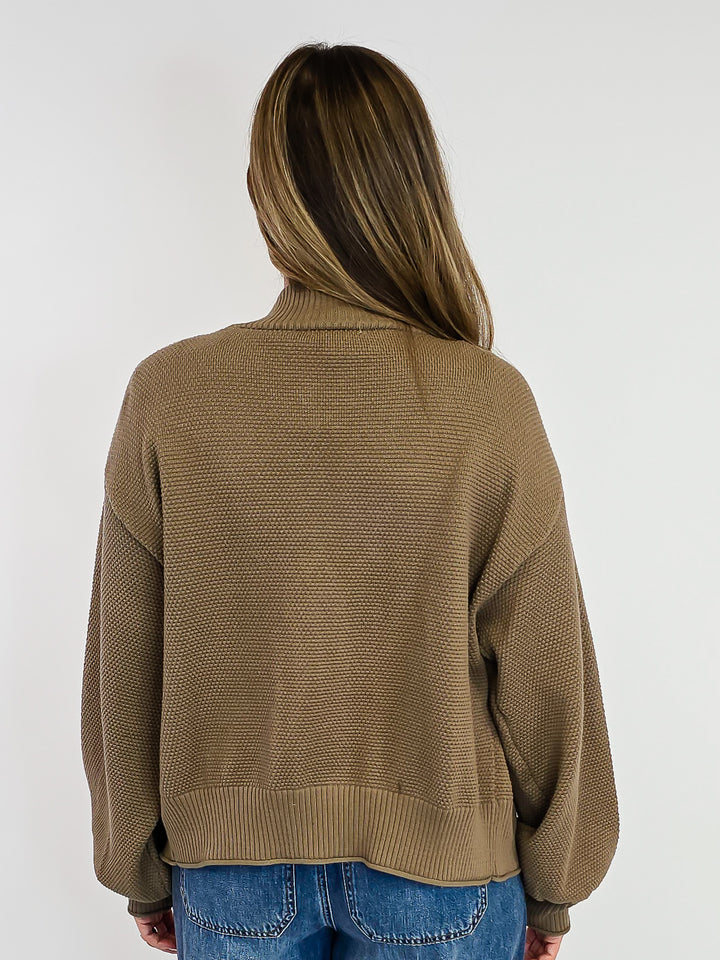 OPEN FRONT BUBBLE SLEEVE KNIT CARDIGAN - MOCHA