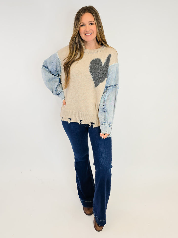 HEART PATCH FRONT KNITTED SWEATER - OATMEAL