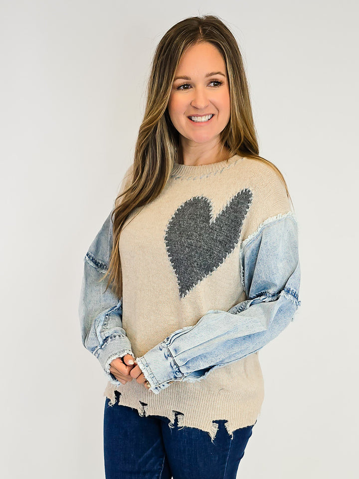 HEART PATCH FRONT KNITTED SWEATER - OATMEAL