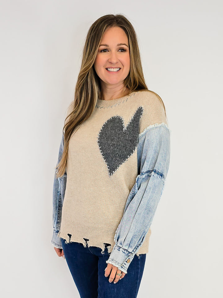 HEART PATCH FRONT KNITTED SWEATER - OATMEAL