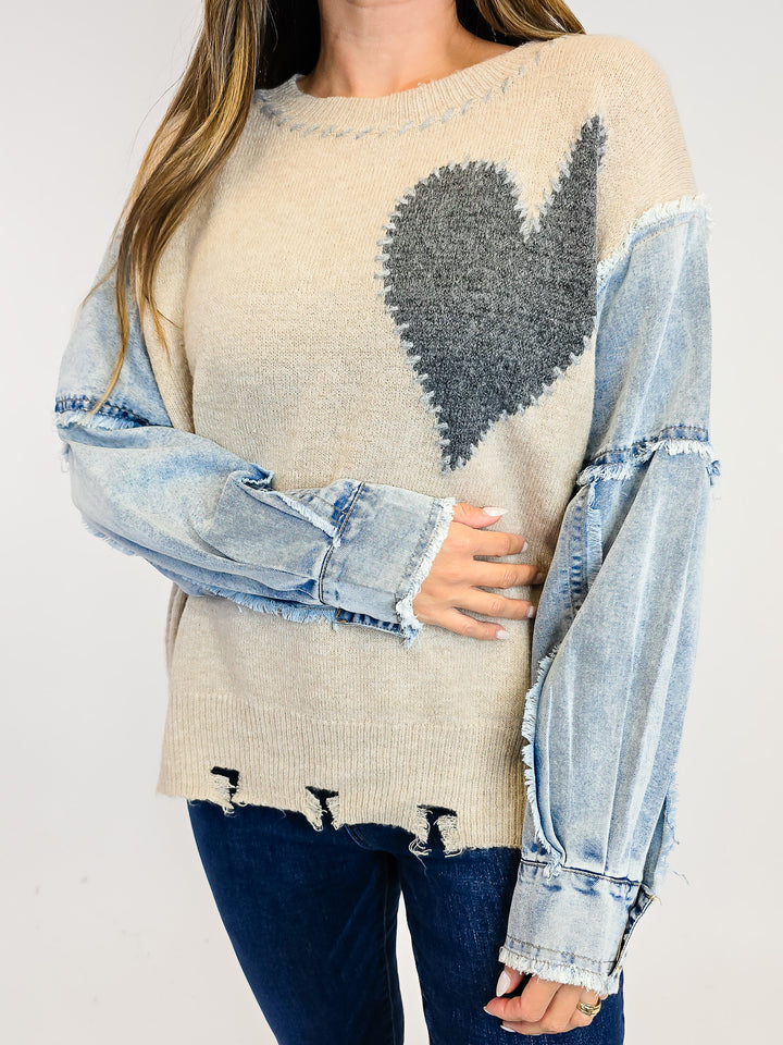 HEART PATCH FRONT KNITTED SWEATER - OATMEAL