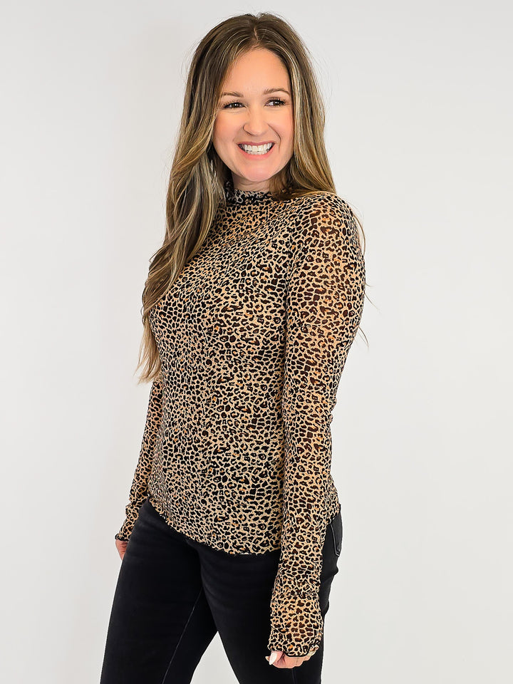 ANIMAL PRINT MESH MOCK NECK LONG SLEEVE TOP - TAUPE/BLACK