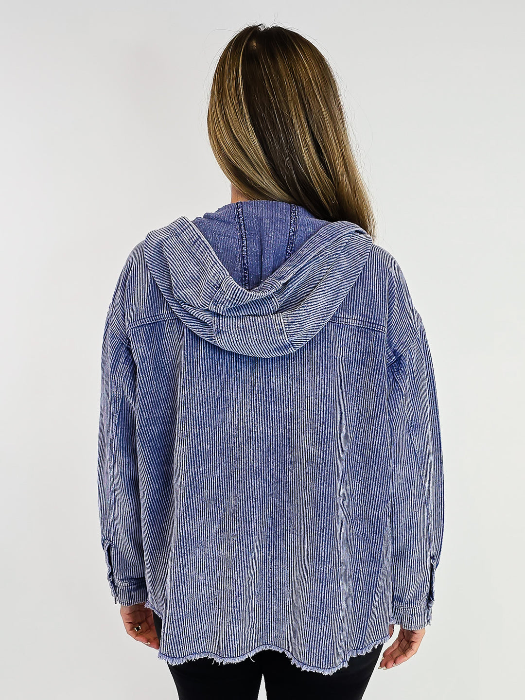 ACID WASH CORDUROY HOODED SHACKET - BLUE