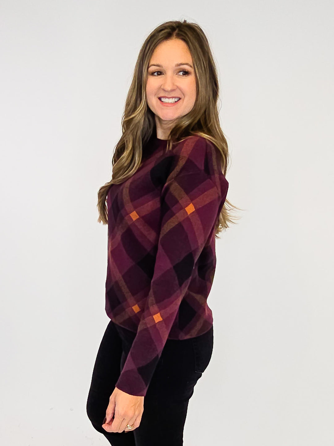 LONG SLEEVE CHECKERED JACQUARD SWEATER - PLUM