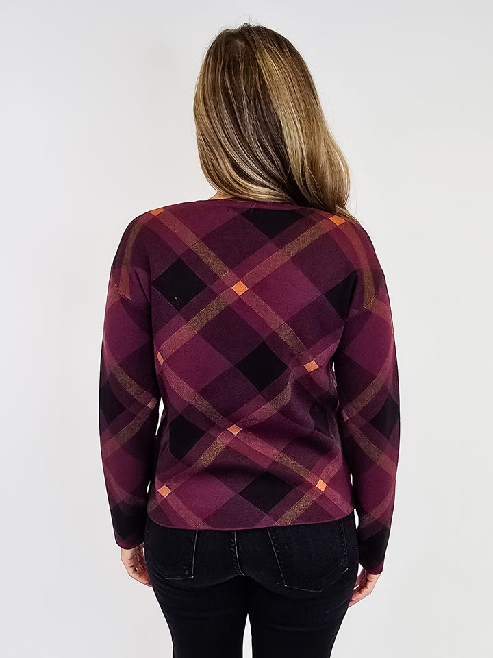 LONG SLEEVE CHECKERED JACQUARD SWEATER - PLUM