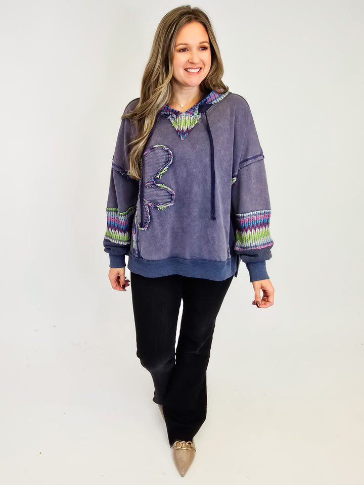 DAISY PATCH WASHED TERRY HOODIE PULLOVER - BLUEBERRY