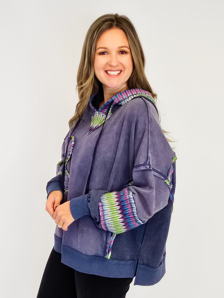DAISY PATCH WASHED TERRY HOODIE PULLOVER - BLUEBERRY