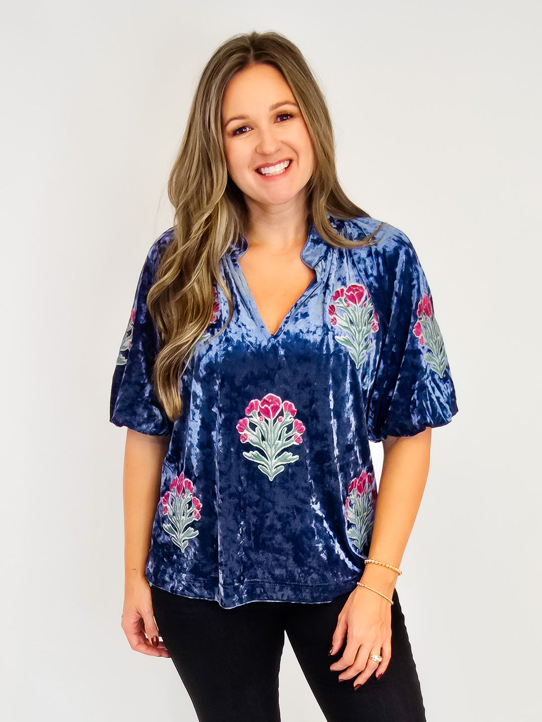 FLORAL PRINT VELVET BUBBLE SLEEVE EMBROIDERED TOP - DENIM