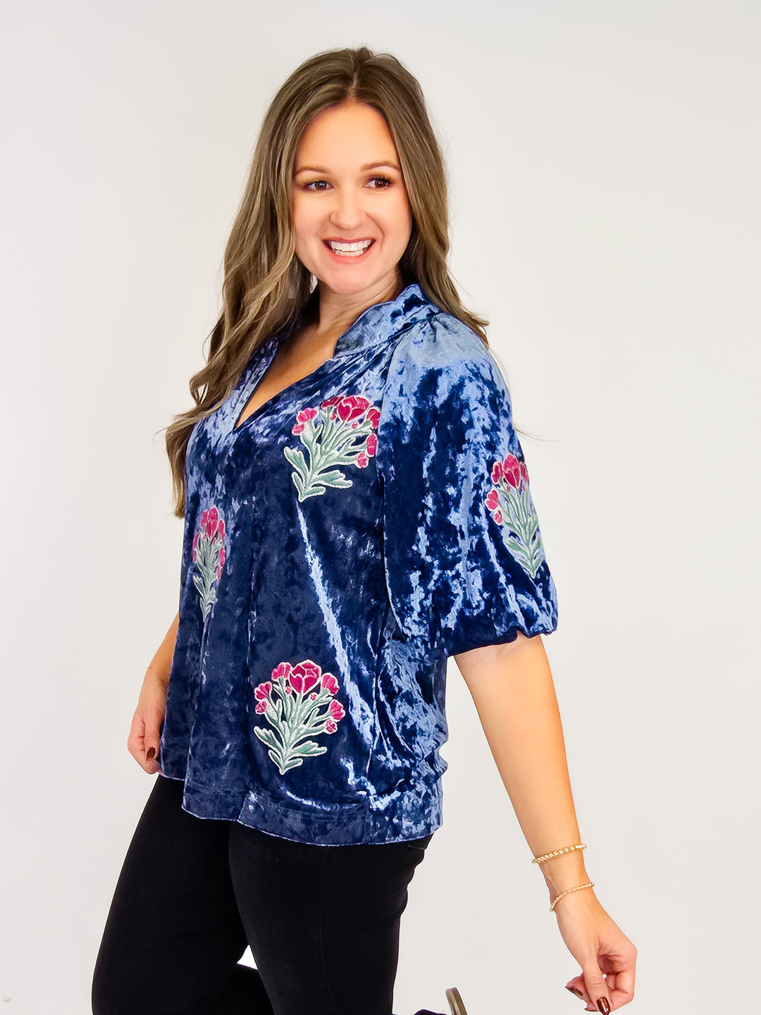 FLORAL PRINT VELVET BUBBLE SLEEVE EMBROIDERED TOP - DENIM