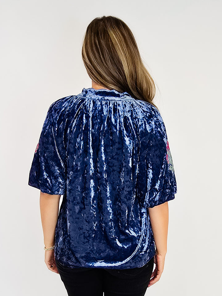 FLORAL PRINT VELVET BUBBLE SLEEVE EMBROIDERED TOP - DENIM