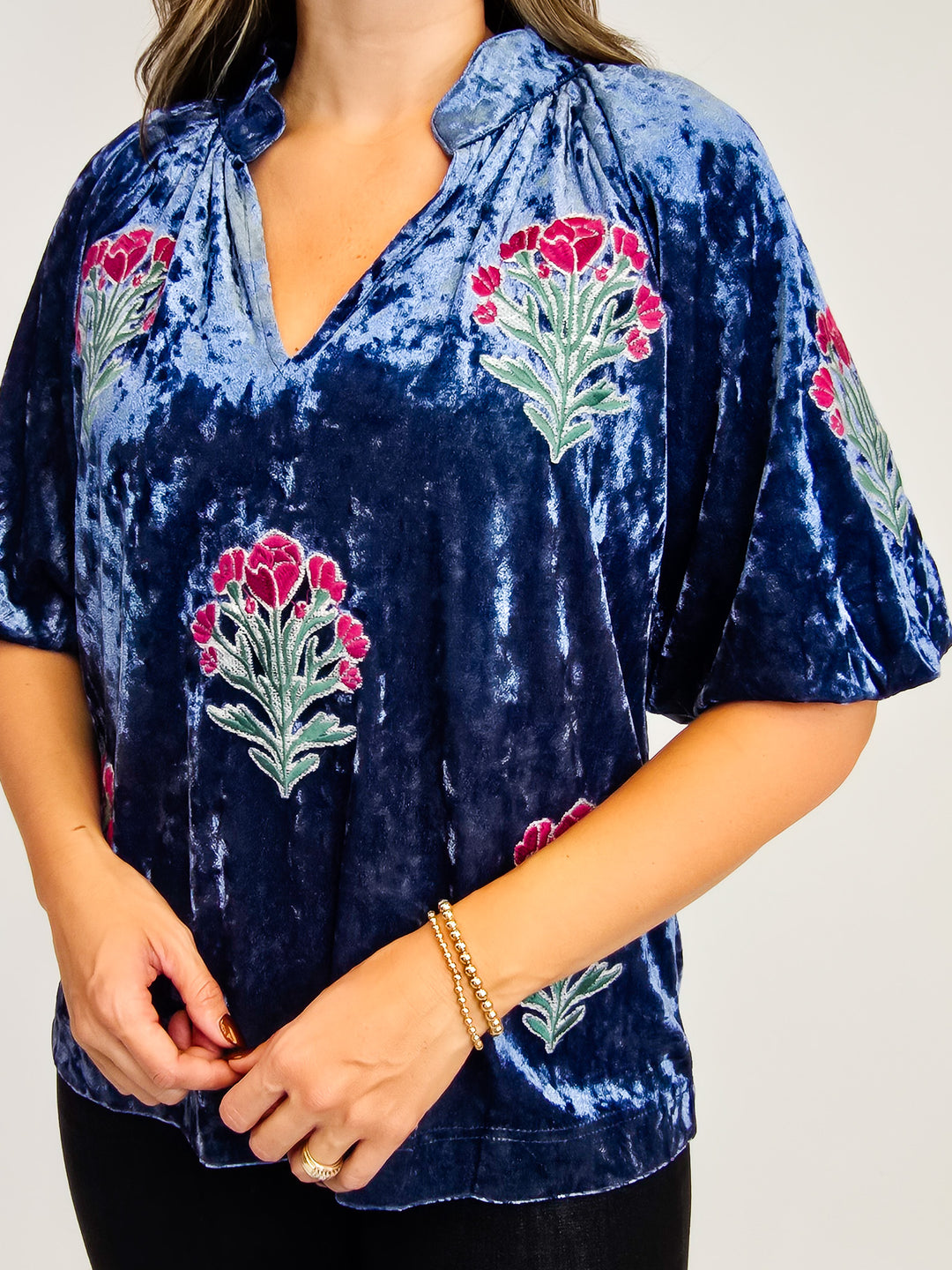 FLORAL PRINT VELVET BUBBLE SLEEVE EMBROIDERED TOP - DENIM