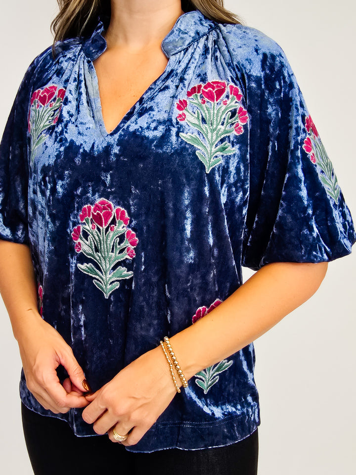 FLORAL PRINT VELVET BUBBLE SLEEVE EMBROIDERED TOP - DENIM