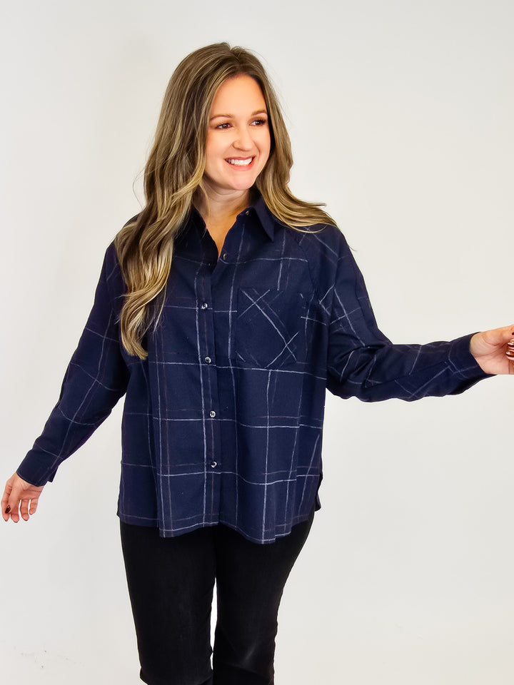 COLLARED CHECK PATTERN LONG SLEEVE SHIRT - NAVY