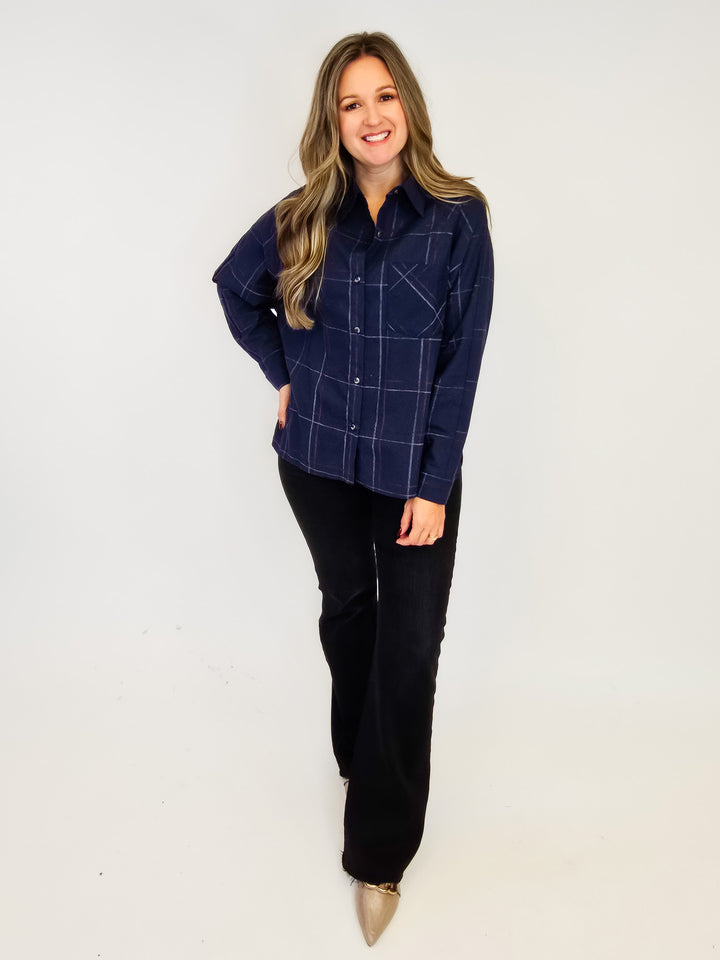 COLLARED CHECK PATTERN LONG SLEEVE SHIRT - NAVY