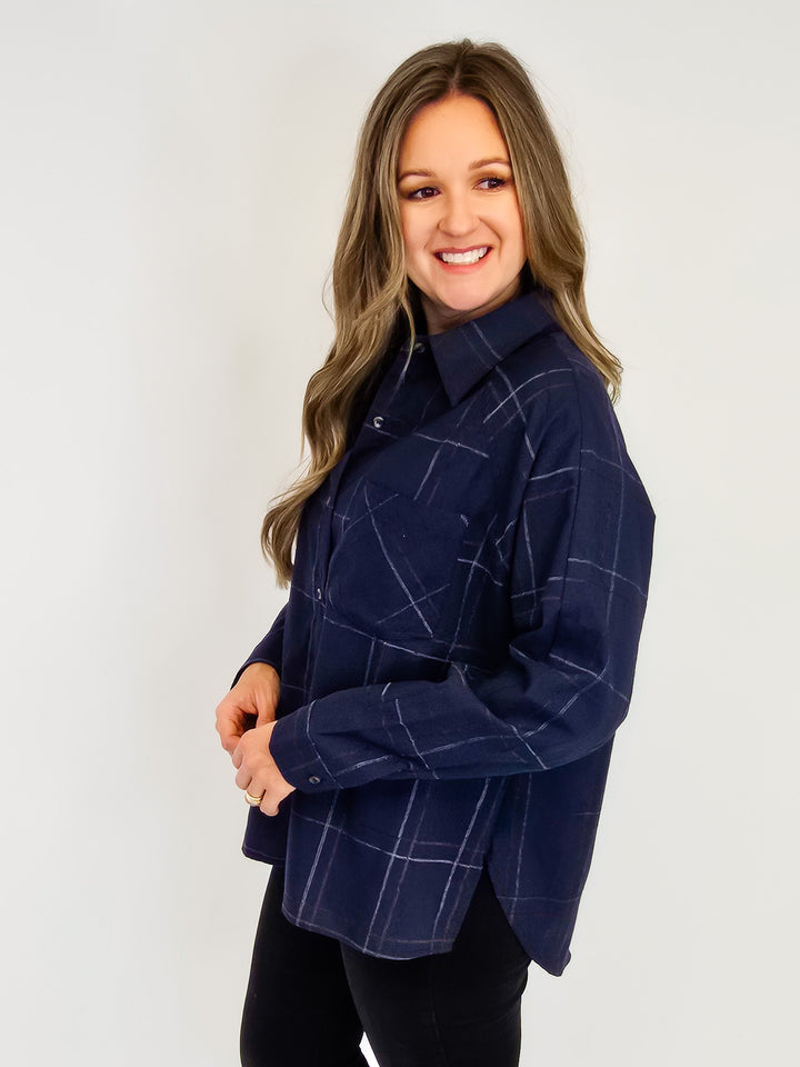 COLLARED CHECK PATTERN LONG SLEEVE SHIRT - NAVY