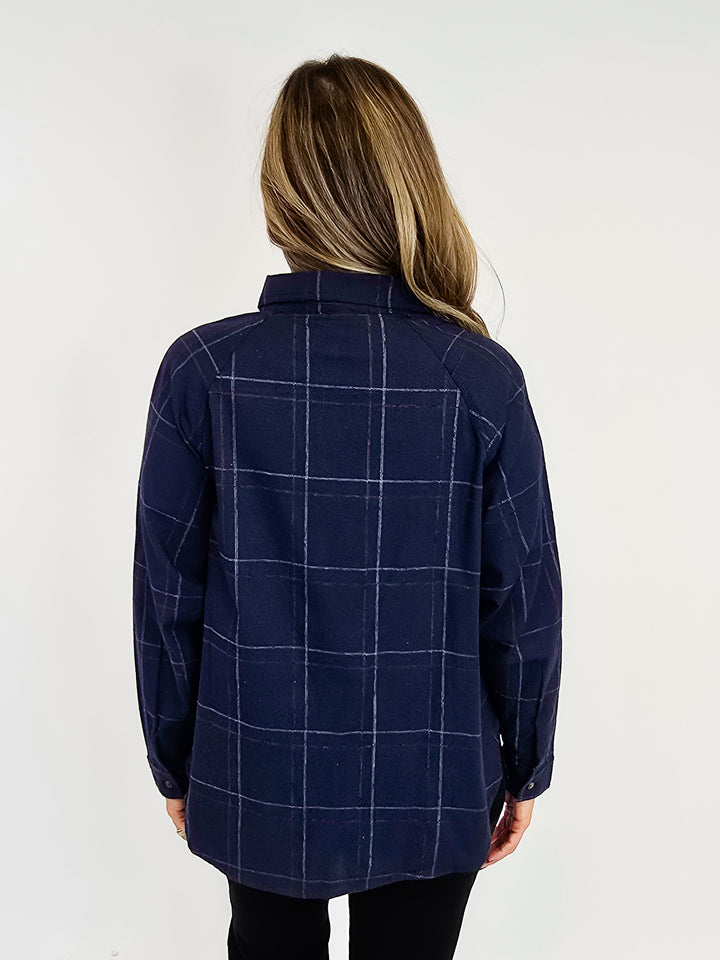COLLARED CHECK PATTERN LONG SLEEVE SHIRT - NAVY