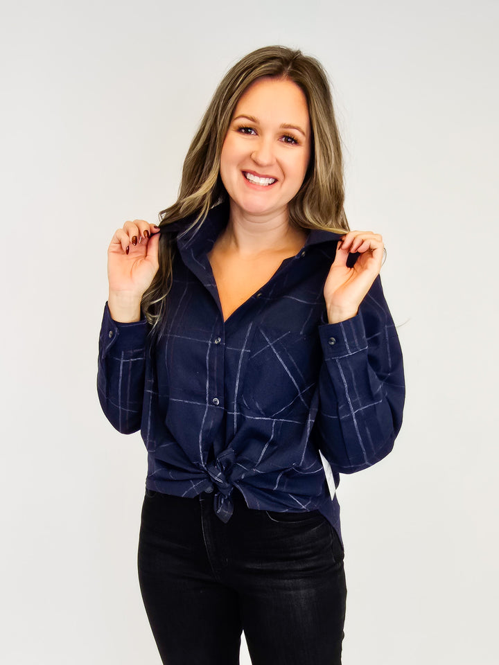 COLLARED CHECK PATTERN LONG SLEEVE SHIRT - NAVY