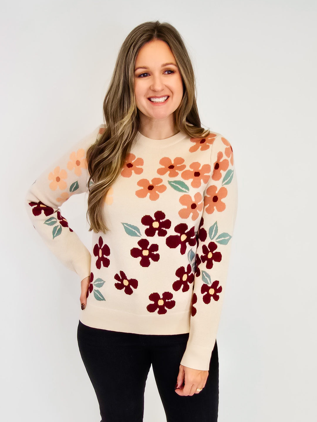 CREW NECK FLORAL JACQUARD SWEATER - TAUPE