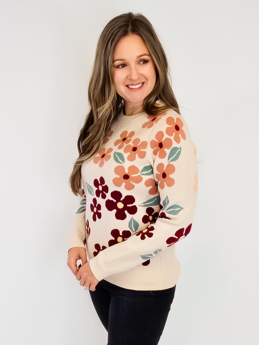 CREW NECK FLORAL JACQUARD SWEATER - TAUPE