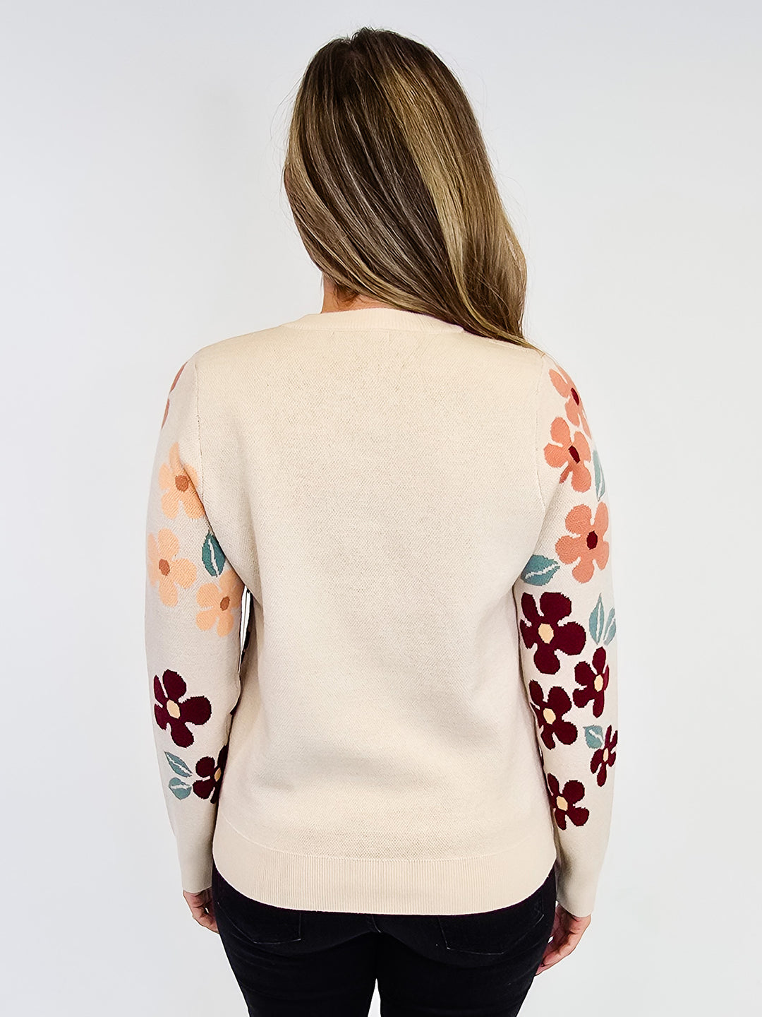 CREW NECK FLORAL JACQUARD SWEATER - TAUPE