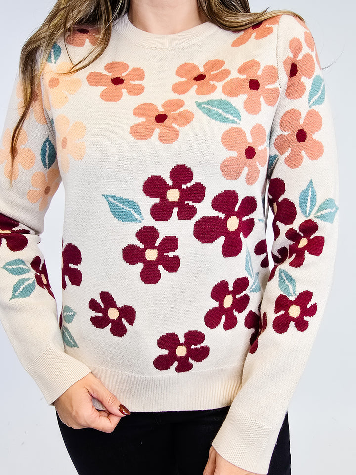 CREW NECK FLORAL JACQUARD SWEATER - TAUPE