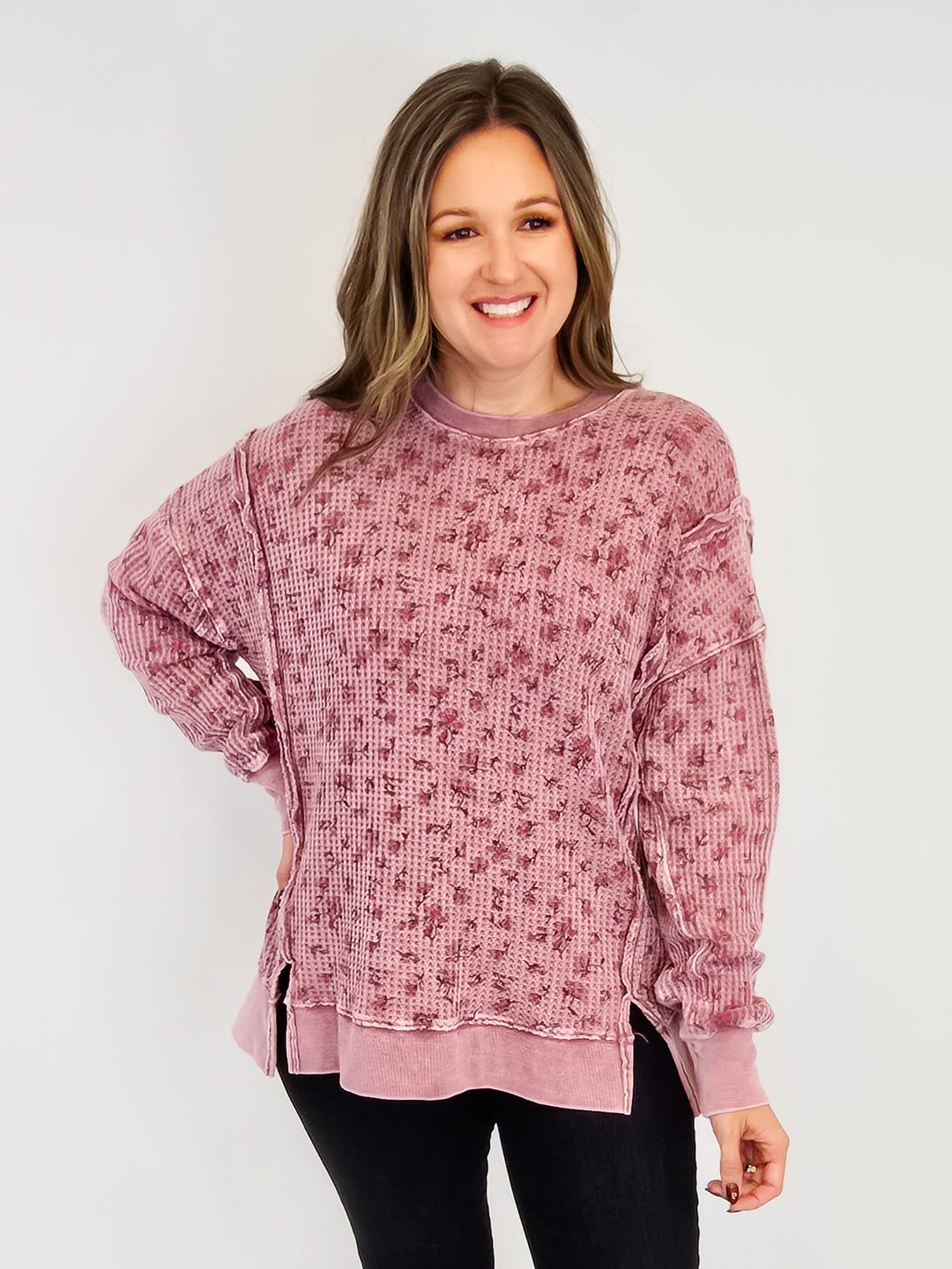 FLORAL PRINTED THERMAL MINERAL WASHED PULLOVER - MULBERRY