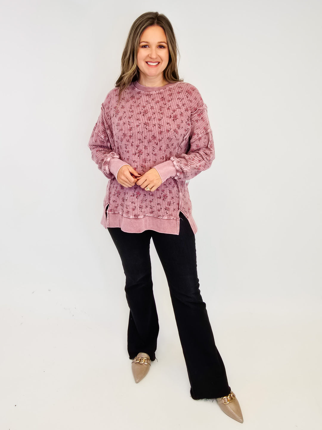 FLORAL PRINTED THERMAL MINERAL WASHED PULLOVER - MULBERRY