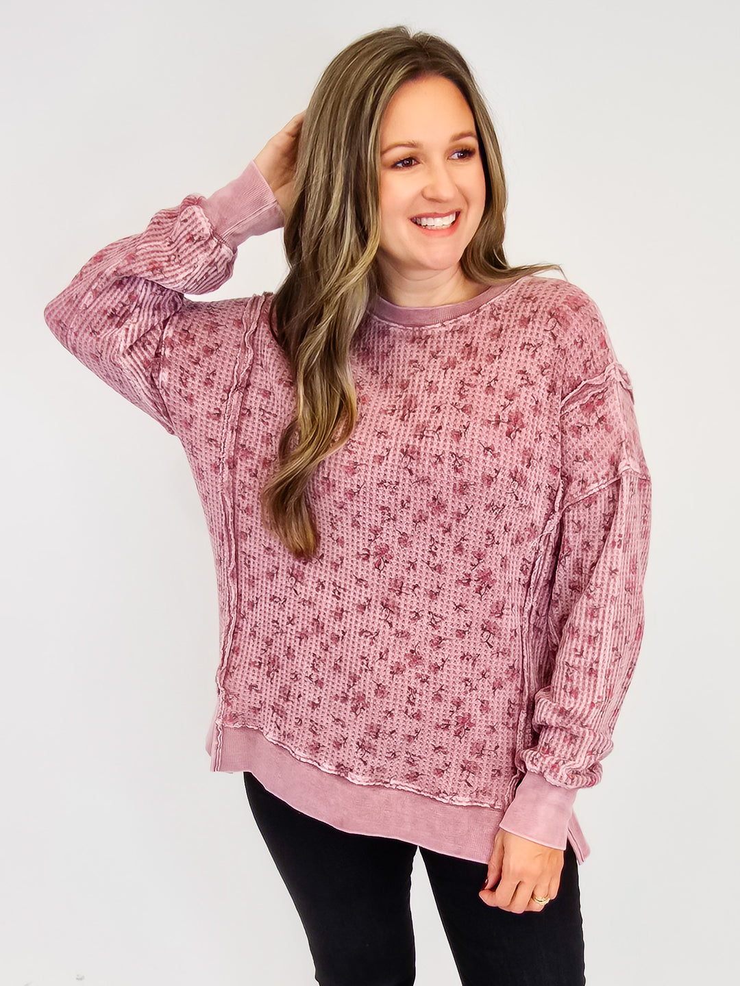 FLORAL PRINTED THERMAL MINERAL WASHED PULLOVER - MULBERRY