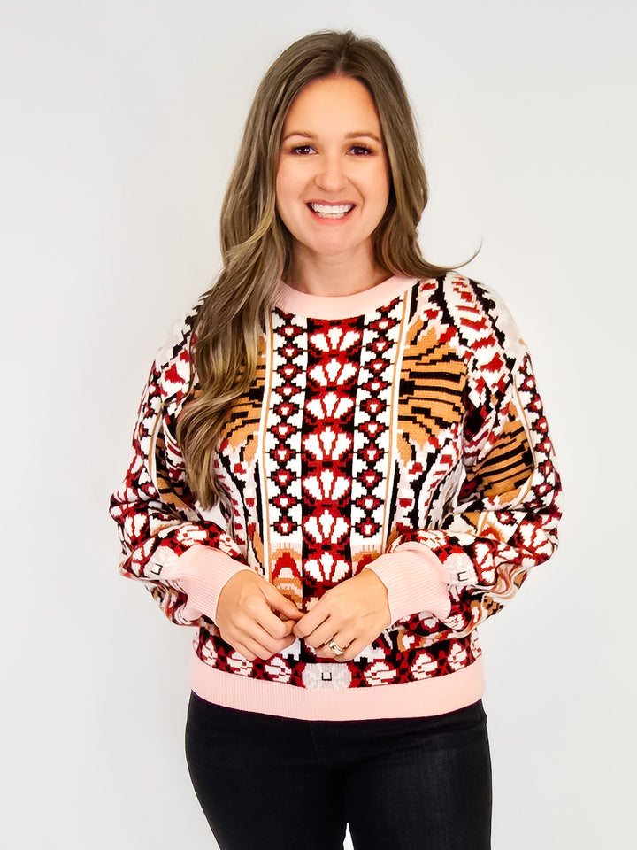 RIBBED DETAIL ABSTRACT PRINTED SWEATER - RUST/IVORY