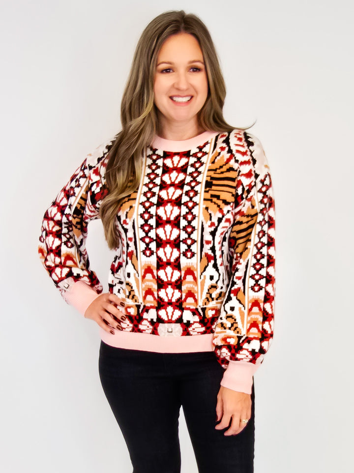 RIBBED DETAIL ABSTRACT PRINTED SWEATER - RUST/IVORY