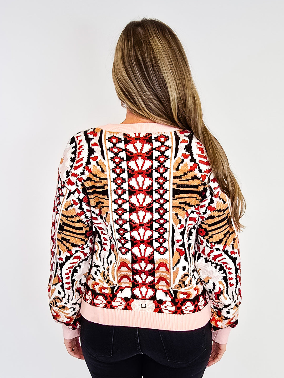RIBBED DETAIL ABSTRACT PRINTED SWEATER - RUST/IVORY