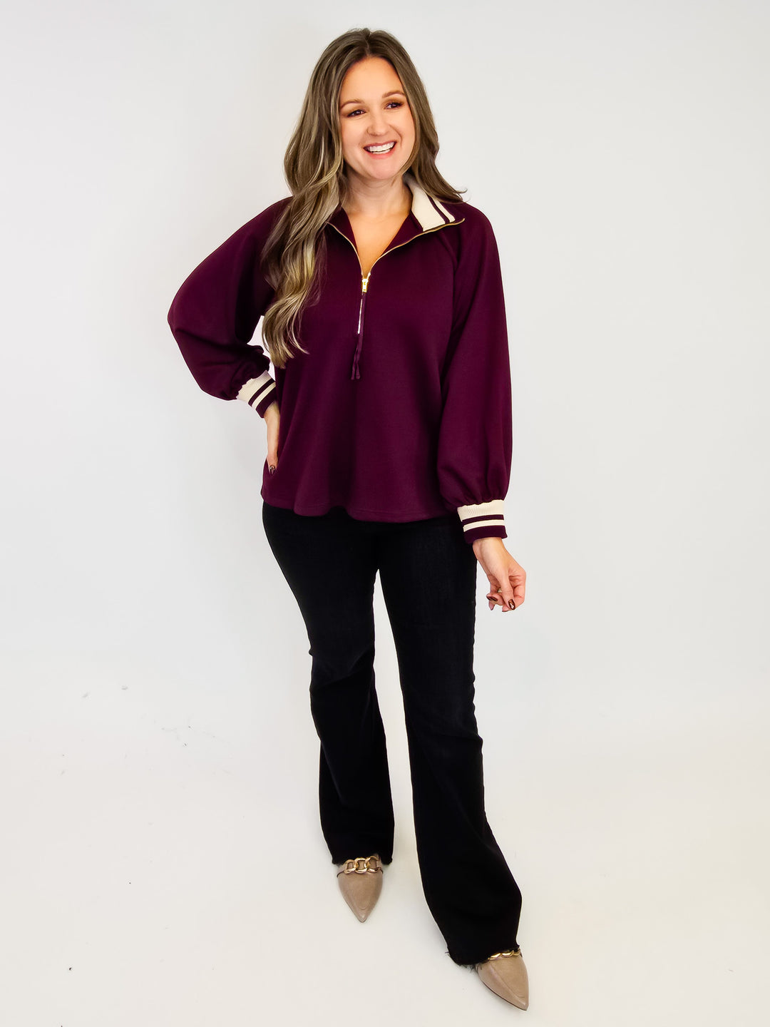HALF ZIP LONG SLEEVE KNIT TOP - BURGUNDY