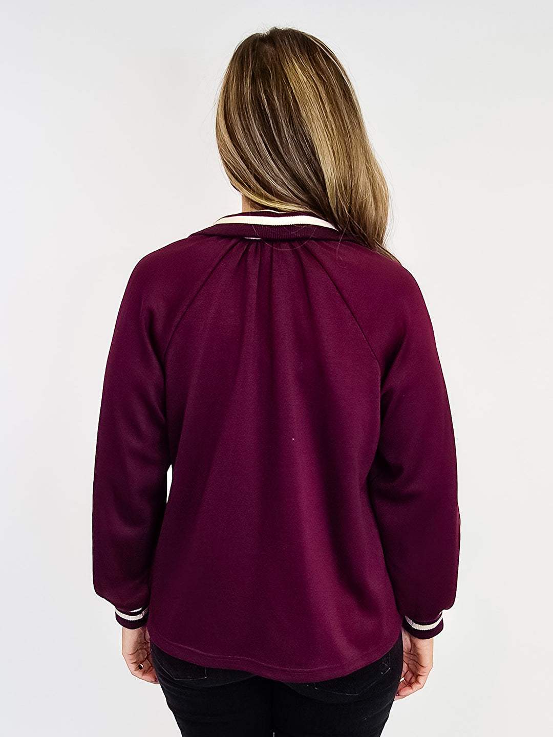 HALF ZIP LONG SLEEVE KNIT TOP - BURGUNDY
