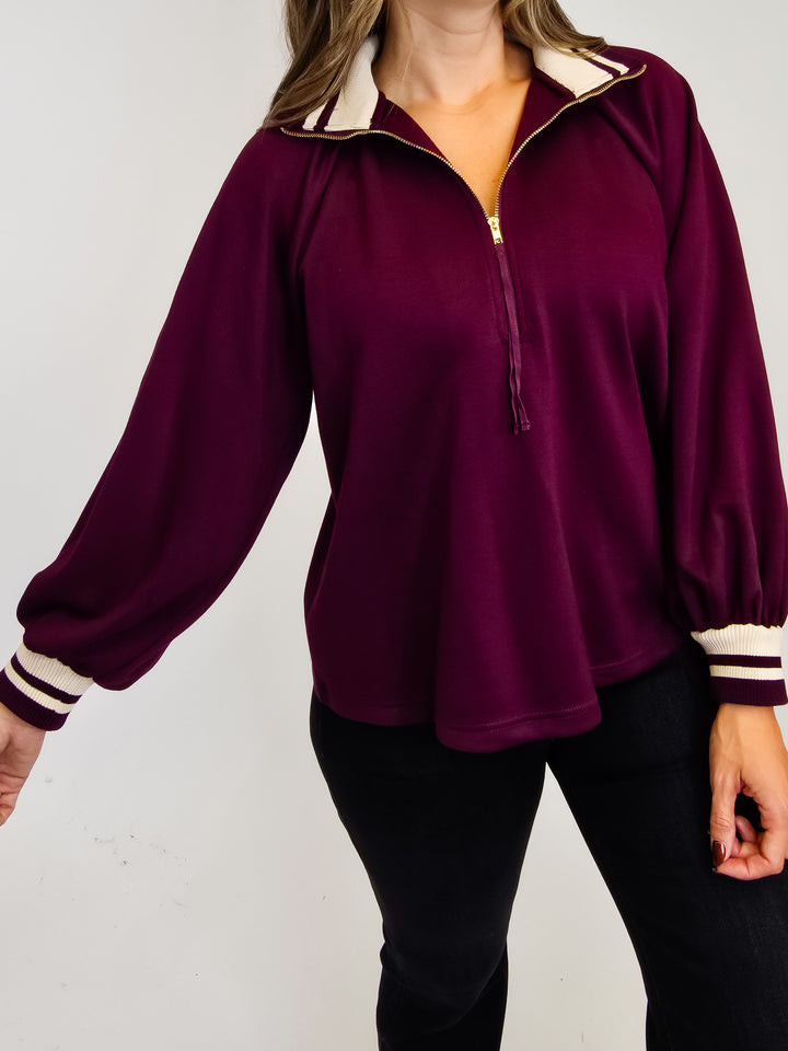 HALF ZIP LONG SLEEVE KNIT TOP - BURGUNDY
