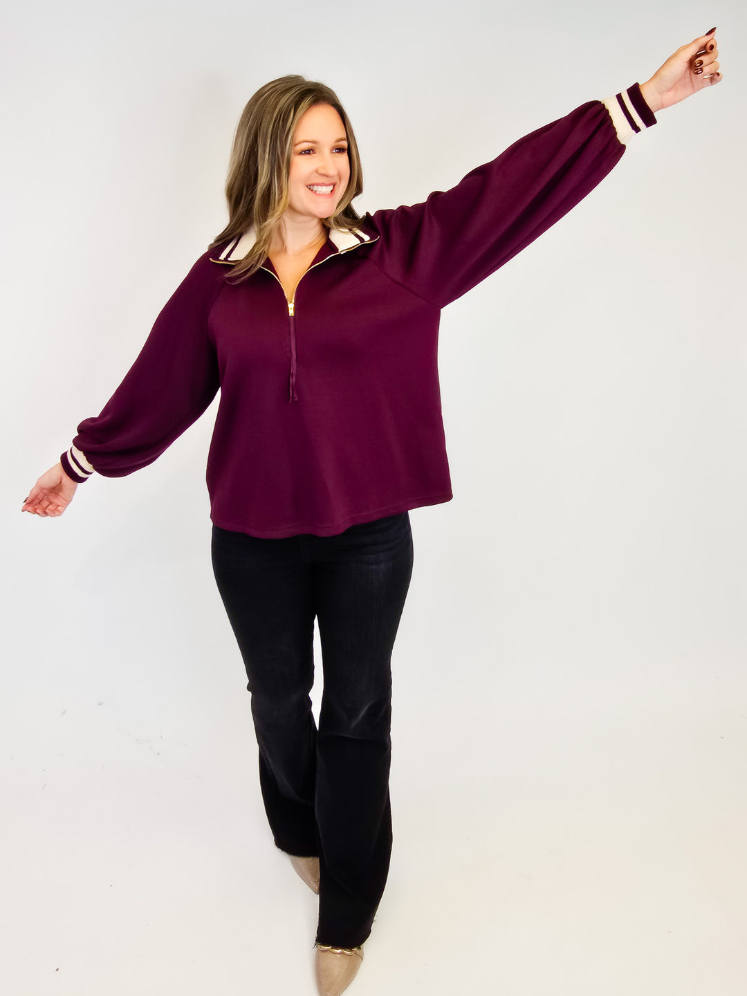 HALF ZIP LONG SLEEVE KNIT TOP - BURGUNDY