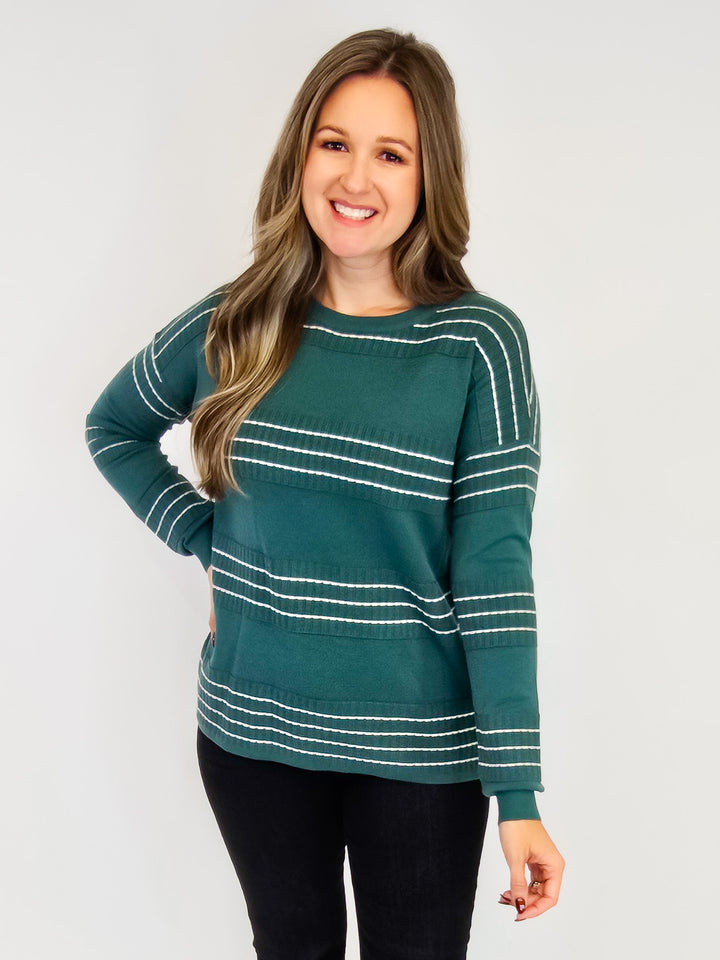 STITCH STRIPED LONG SLEEVE SWEATER - DARK JADE