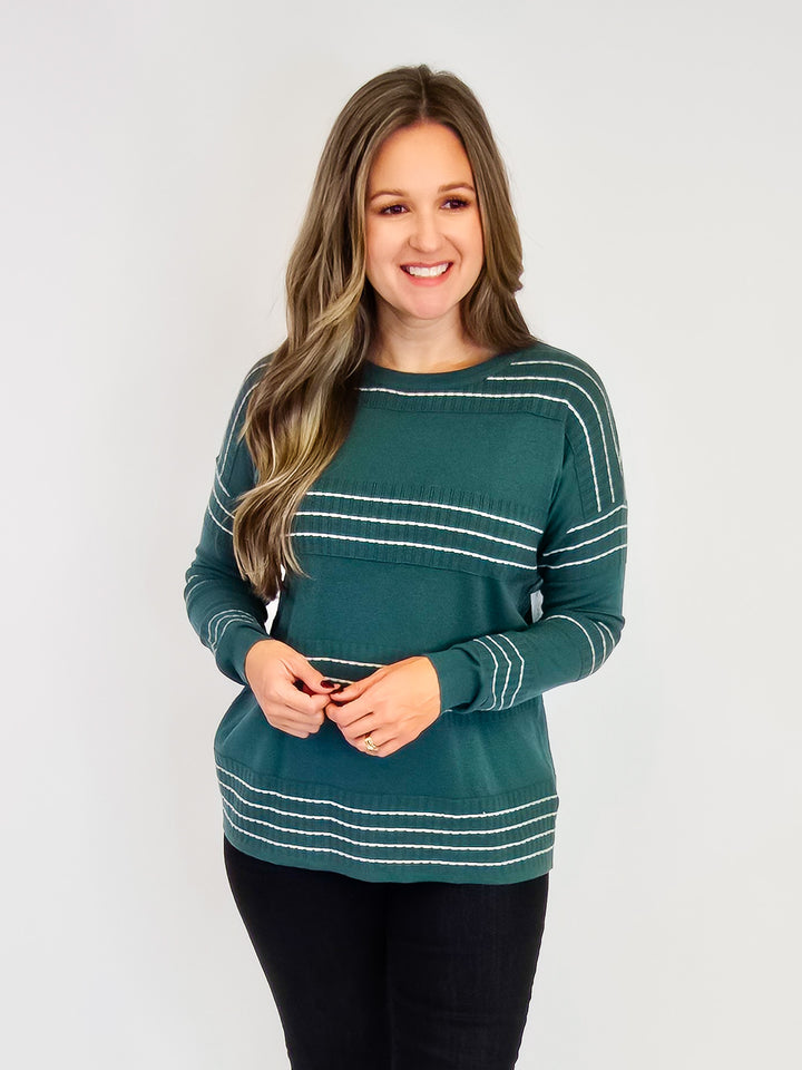 STITCH STRIPED LONG SLEEVE SWEATER - DARK JADE