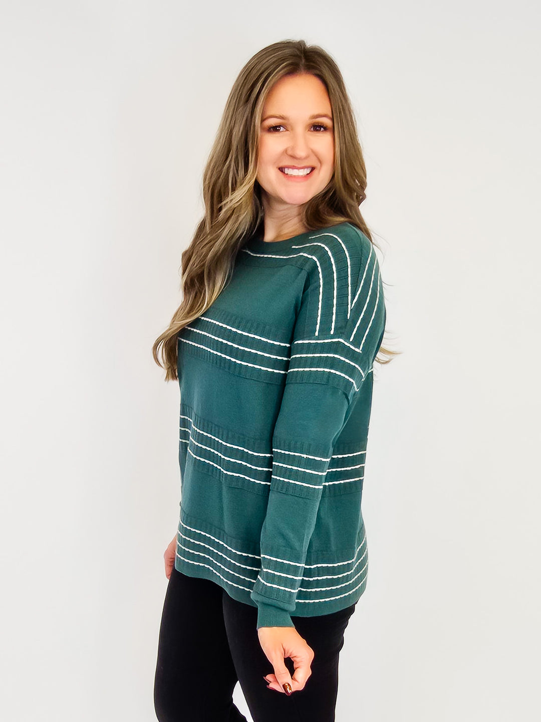STITCH STRIPED LONG SLEEVE SWEATER - DARK JADE