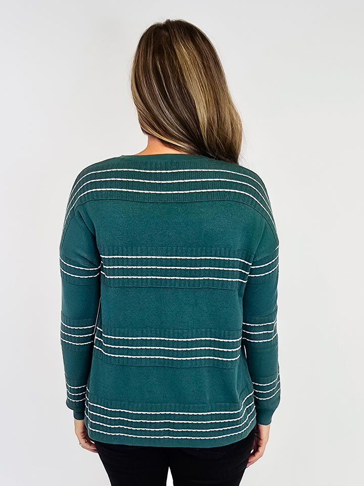 STITCH STRIPED LONG SLEEVE SWEATER - DARK JADE