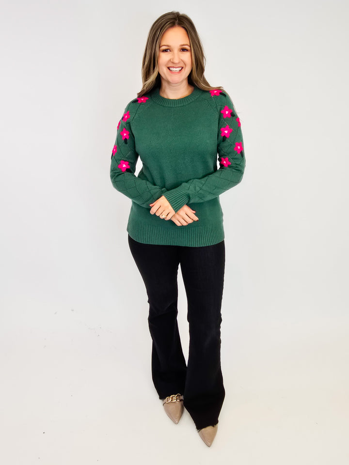 FLORAL EMBROIDERED CREW NECK SWEATER - PINE GREEN
