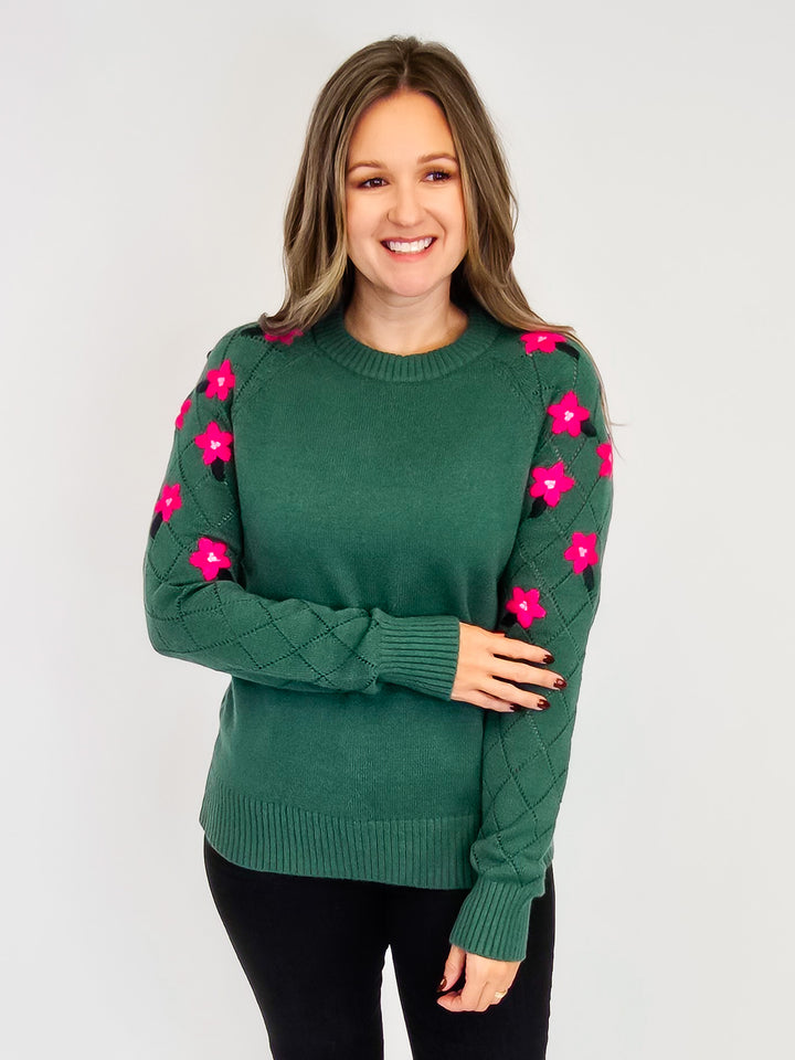 FLORAL EMBROIDERED CREW NECK SWEATER - PINE GREEN