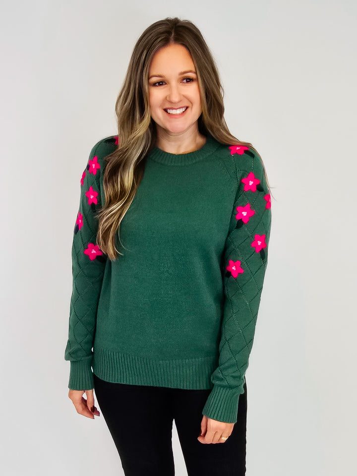 FLORAL EMBROIDERED CREW NECK SWEATER - PINE GREEN