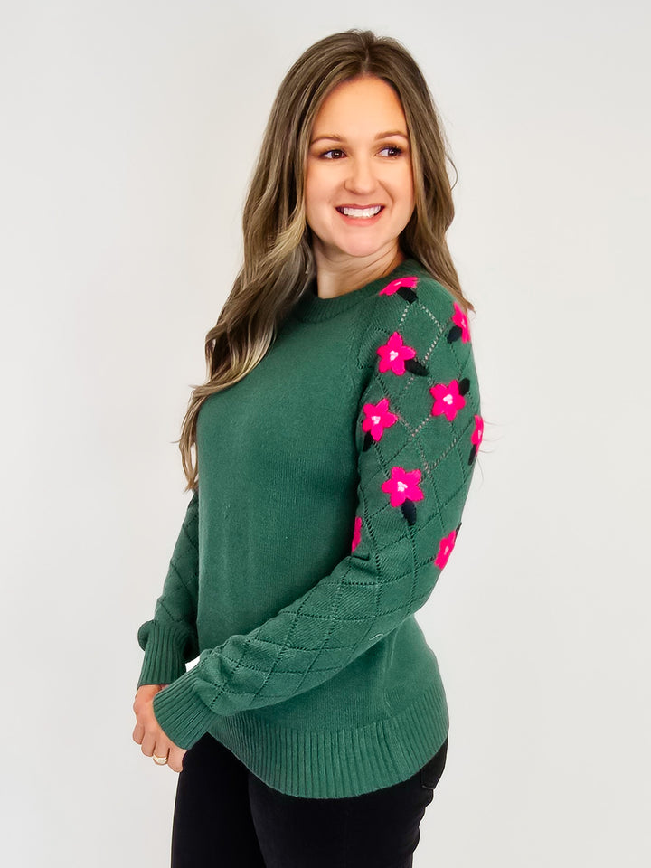FLORAL EMBROIDERED CREW NECK SWEATER - PINE GREEN