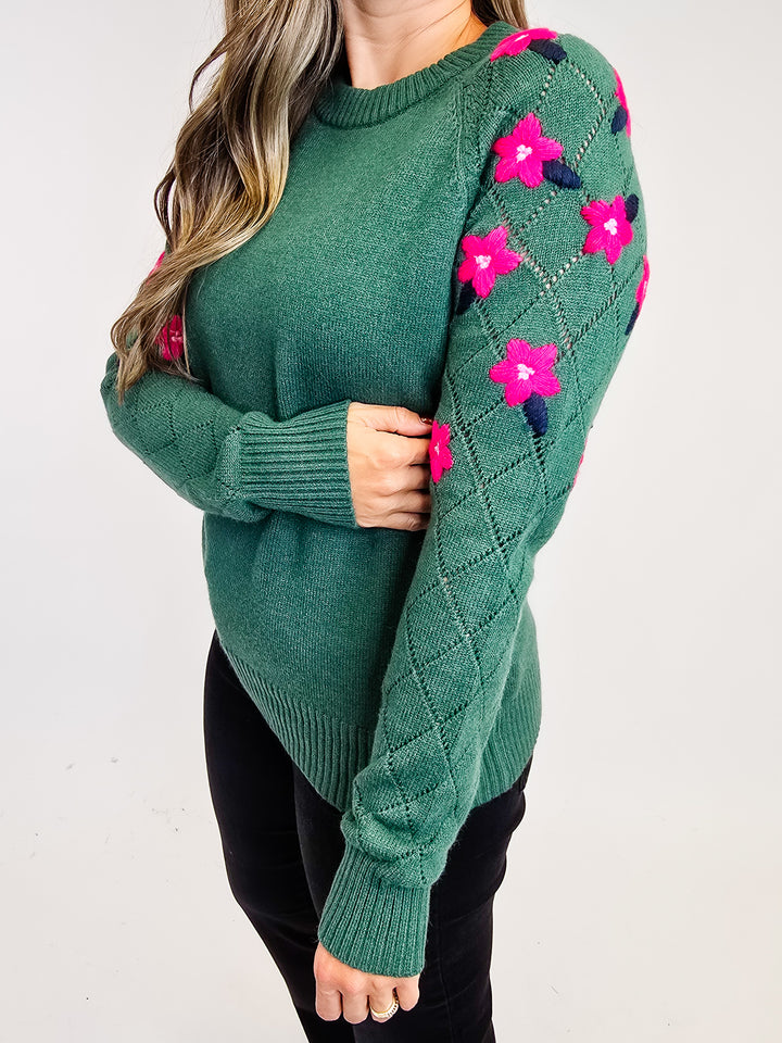 FLORAL EMBROIDERED CREW NECK SWEATER - PINE GREEN