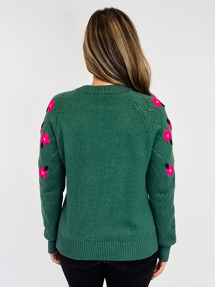 FLORAL EMBROIDERED CREW NECK SWEATER - PINE GREEN