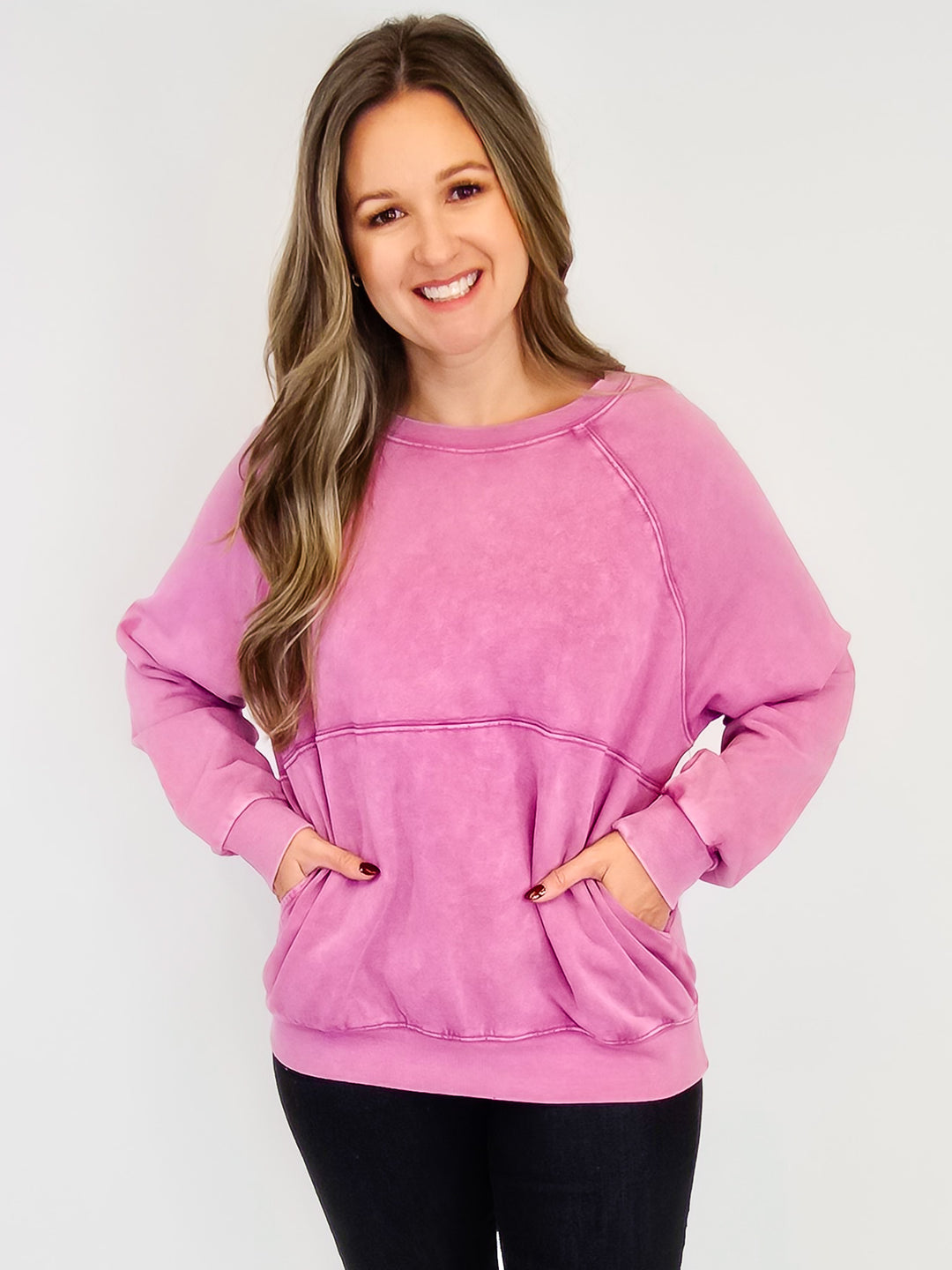 LONG SLEEVE MINERAL WASHED TERRY PULLOVER - ORCHID